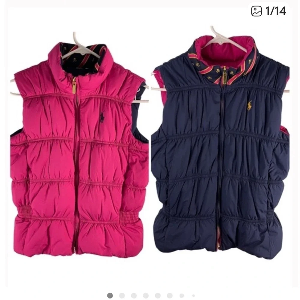 Ralph Lauren Girls Puffer Vest Reversible Down L‎ 12/14 Pink Blue Preppy Outdoor